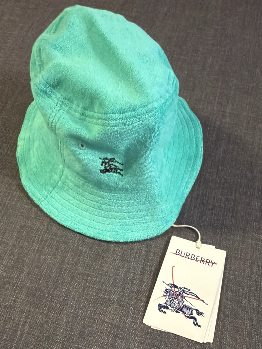 Burberry Kids Teal Terry Bucket Hat with Embroidered Logo